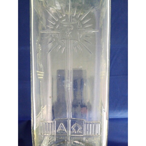 1950'S Embossed Glass Agnus Dei Holy Water Jar Lamb Cross Chi-Roh Alpa-Omega - Picture 1 of 5